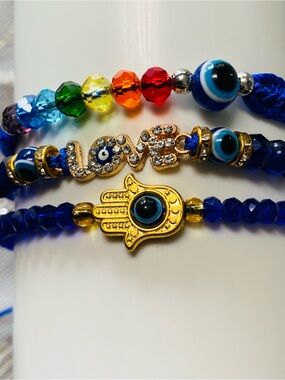 3-Piece Evil Eye & Hamsa Protection Bracelet Set - Blue & gold